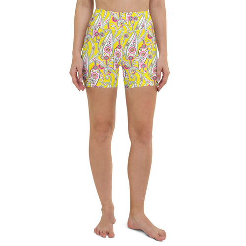 Lula Activewear Yellow Paisley high waisted yoga shorts