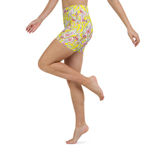 Lula activewear yellow paisley high waisted yoga shorts