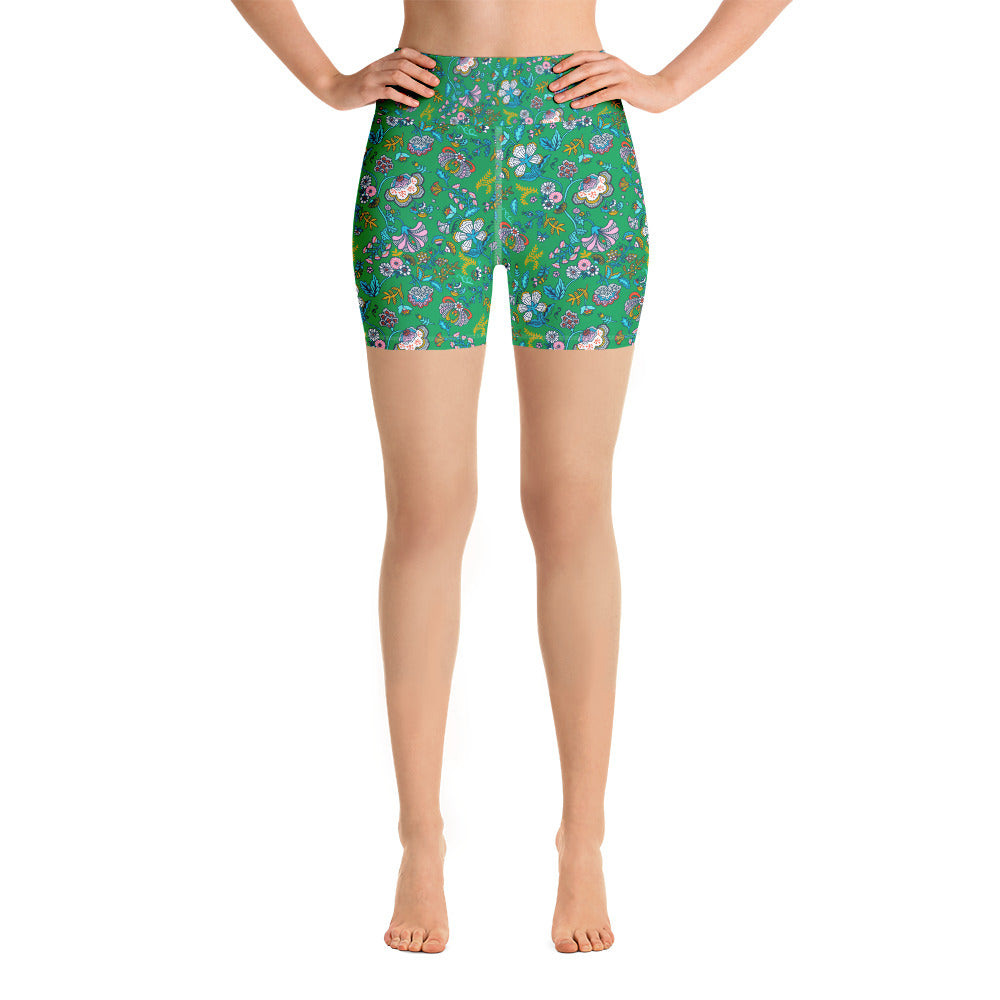 Lula Activewear Green Secret Garden High Waisted Shorts