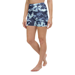 Blue tie dye high waisted yoga shorts