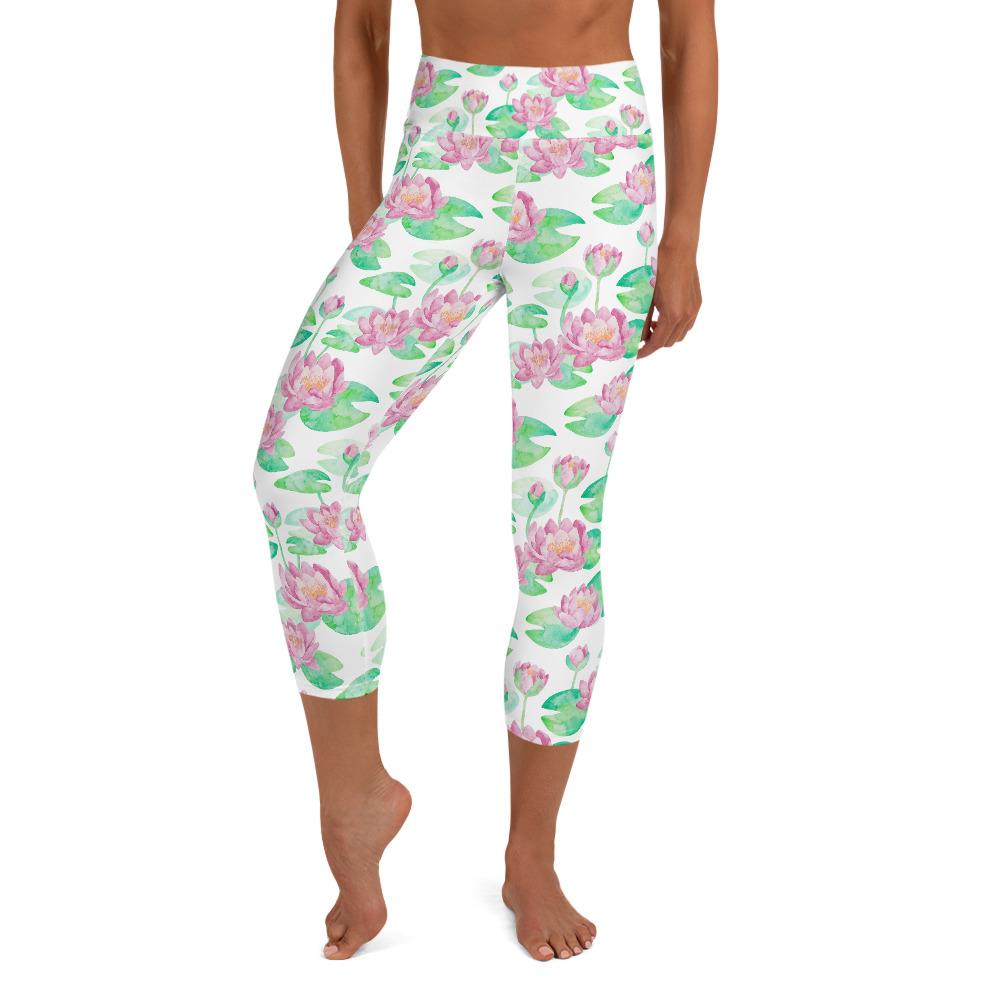 Lula Activewear White Lotus Flower High Waisted Capri Yoga Leggings