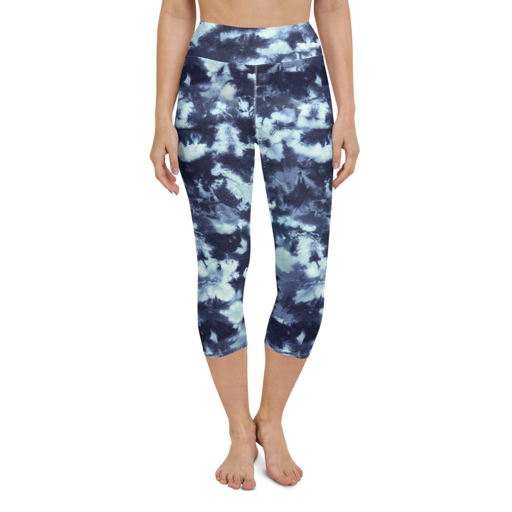 Blue tie dye yoga capri leggings for women