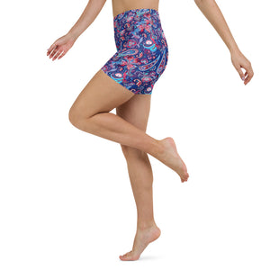 Blue Paisley High Waisted yoga shorts for women